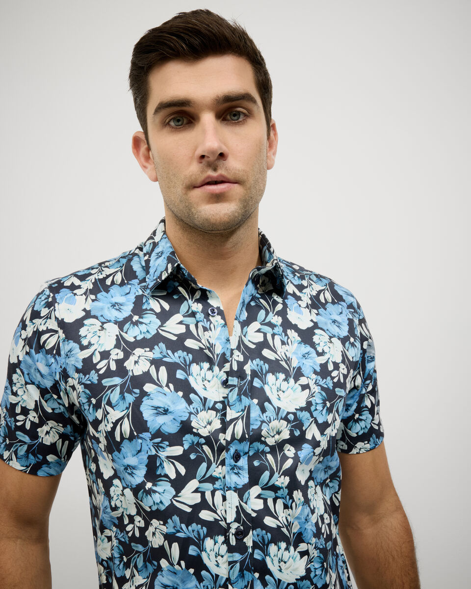 Painted Floral Short Sleeve Shirt, Blue, hi-res